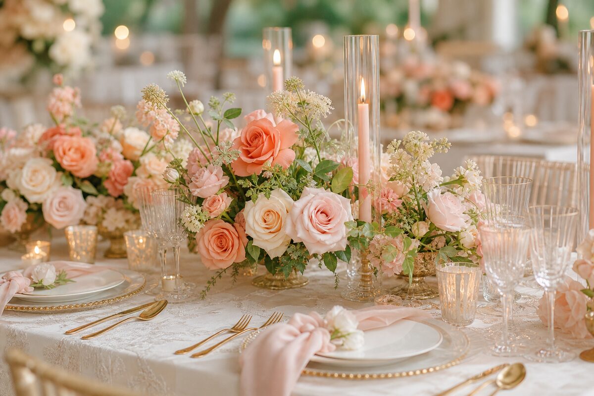 An elegantly set event table with coral-toned roses